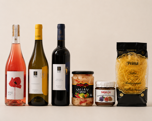 best albanian products in a box Sentona rose Labi Chardonnay Cabernet Sauvignon sejega pickled vegetables artisanal fig preserve Prima Jufka pasta artigianale