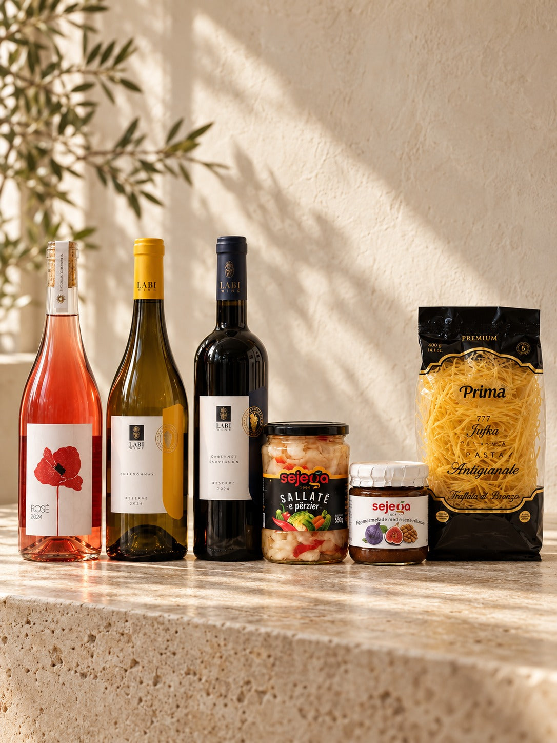 Home Table box: Labi rosé, Chardonnay and Cabernet Sauvignon with Sejega pickled vegetables, fig preserve and Prima jufka pasta