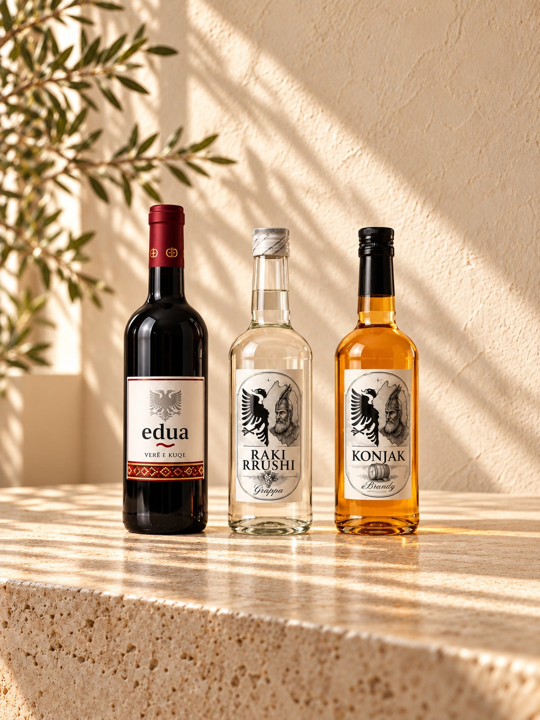 Spirits of Albania box: a red wine, a grape raki and a brandy