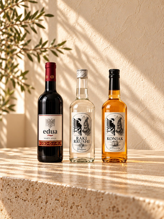 Spirits of Albania box: a red wine, a grape raki and a brandy